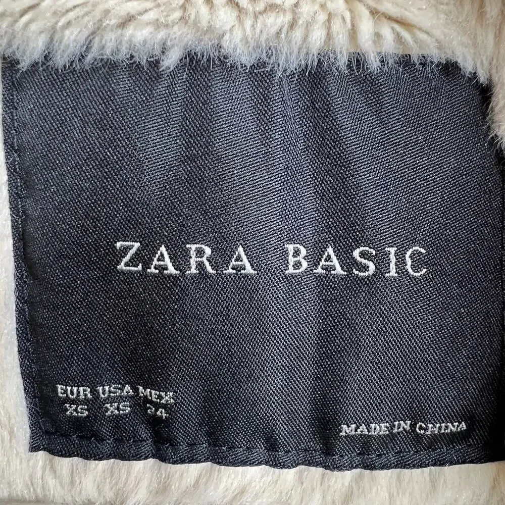 ZARA Jacket Faux Fur Lined Jacket Leather Sleeve Full Zip Hooded Green Black XS